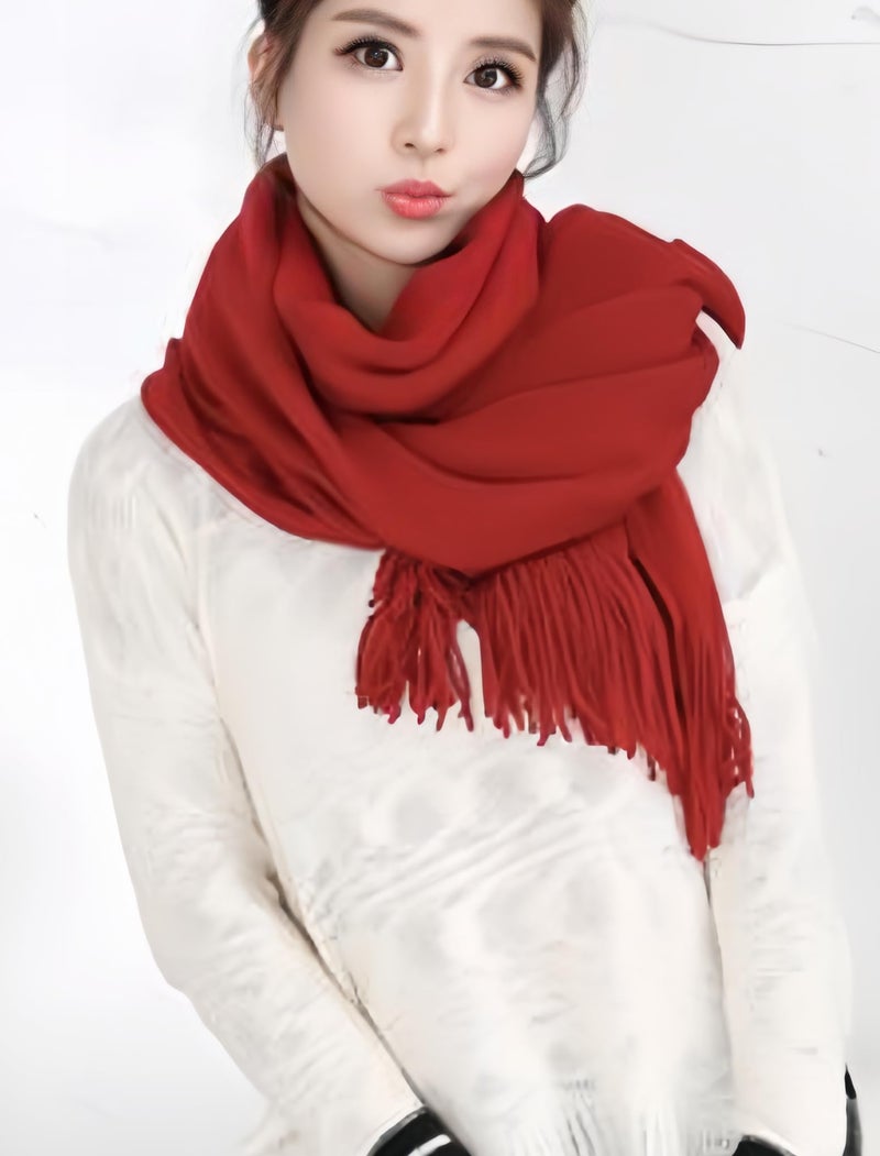 Wander Agio Women's Wraps Warm Long Scarves Winter Scarfs Pure Color Scarf Tassel Wine Red - Image 3